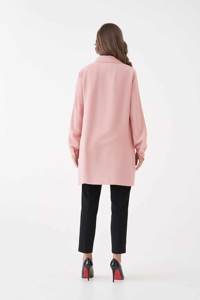 Relaxed Fit V-neckline Long Sleeve Tunic with Brooch Detail in Pink