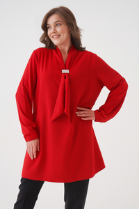 Relaxed Fit V-neckline Long Sleeve Tunic with Brooch Detail in Red