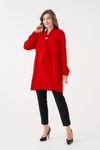 Relaxed Fit V-neckline Long Sleeve Tunic with Brooch Detail in Red