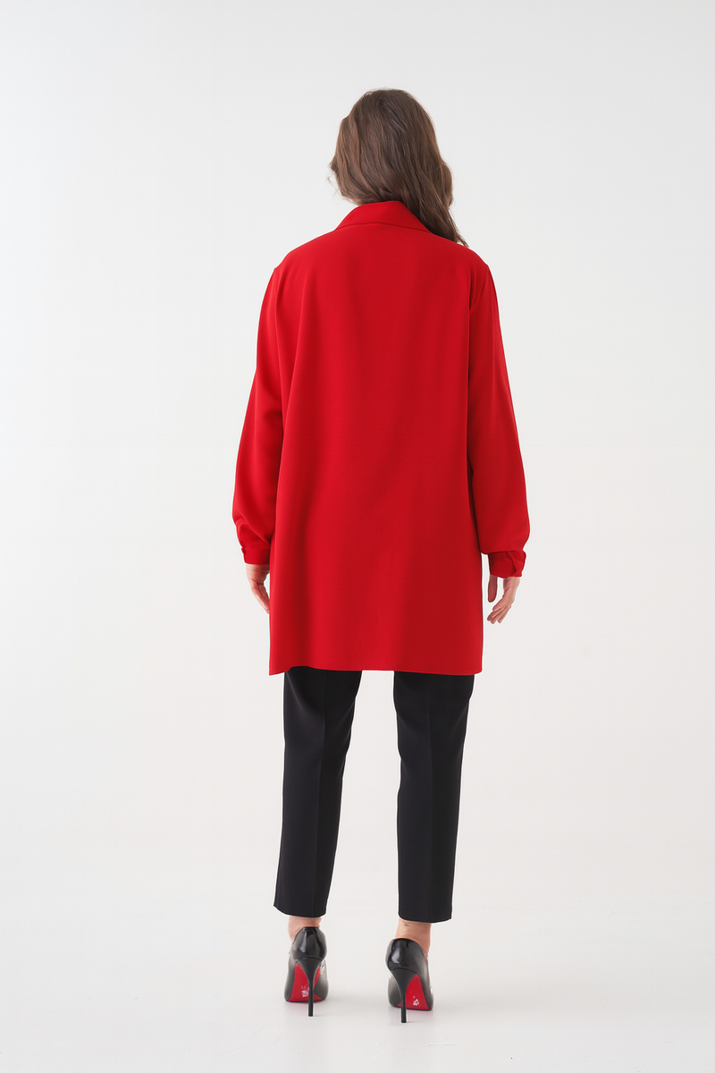 Relaxed Fit V-neckline Long Sleeve Tunic with Brooch Detail in Red