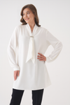 Relaxed Fit V-neckline Long Sleeve Tunic with Brooch Detail in White