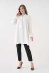Relaxed Fit V-neckline Long Sleeve Tunic with Brooch Detail in White