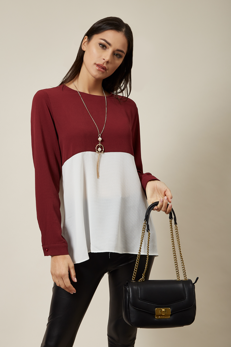 Long Sleeve Relaxed Fit Block Top With Necklace In Burgundy And White