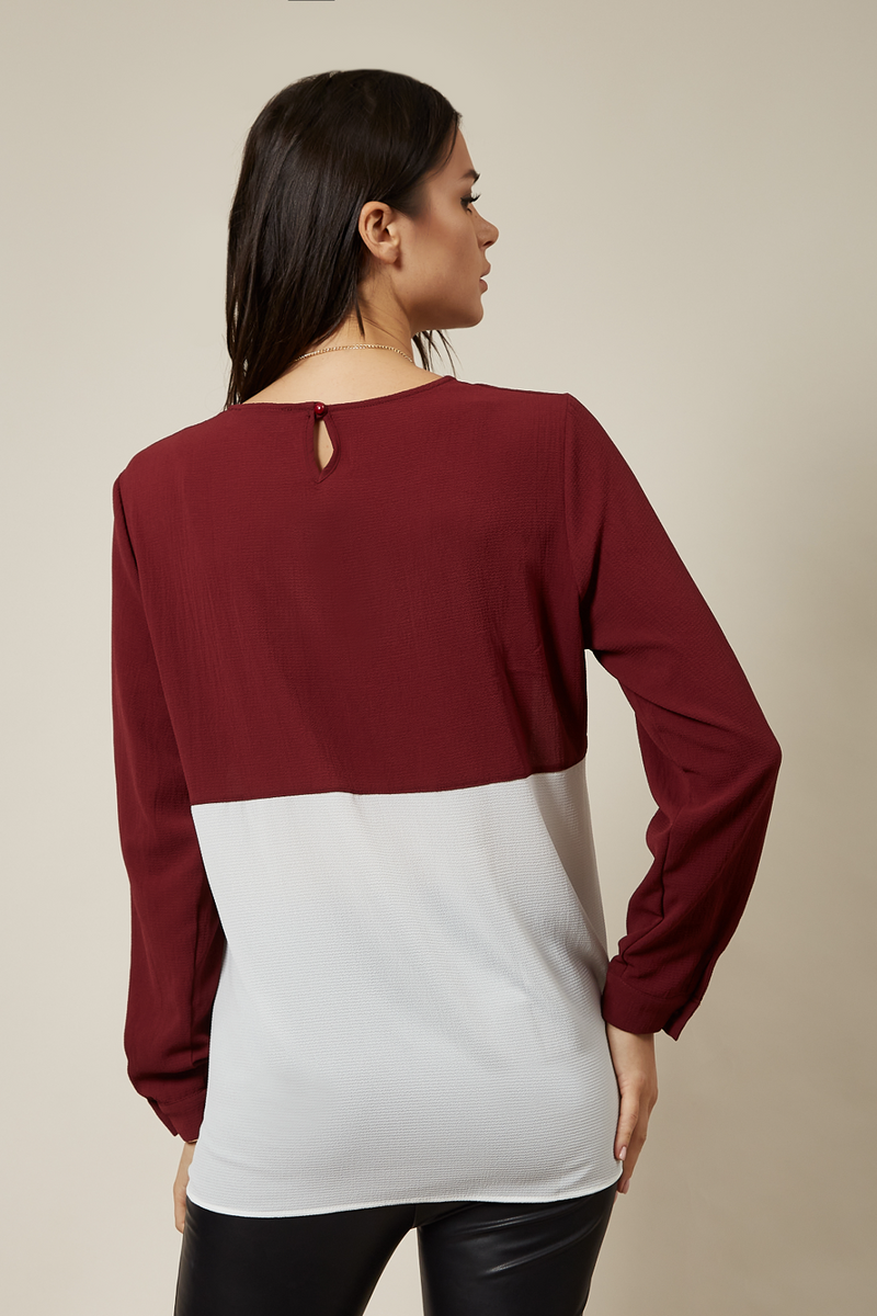 Long Sleeve Relaxed Fit Block Top With Necklace In Burgundy And White