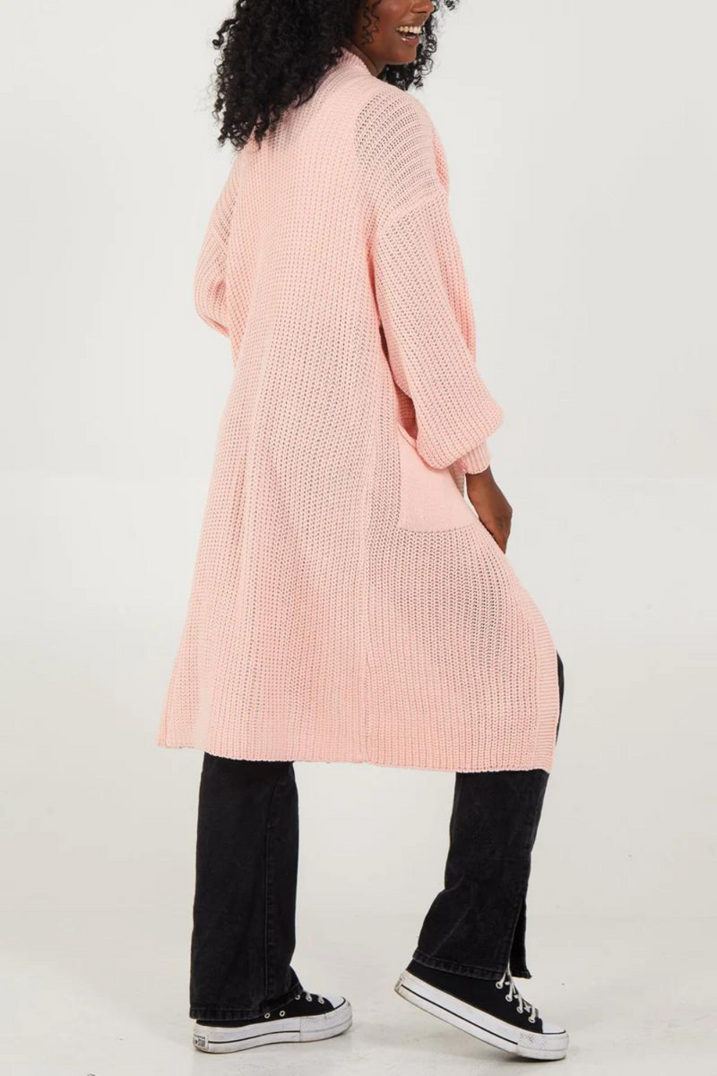 Oversized Long Sleeves Midi Knitted Cardigan with Pocket Details in Pink