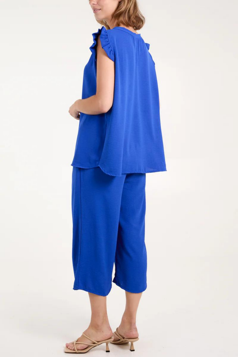 Frill Detailed Top & Wide Leg Trousers Co-Ord Set in Royal Blue