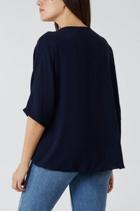 Oversized V Neck Tie Detailed Top with 3/4 Sleeves in Navy