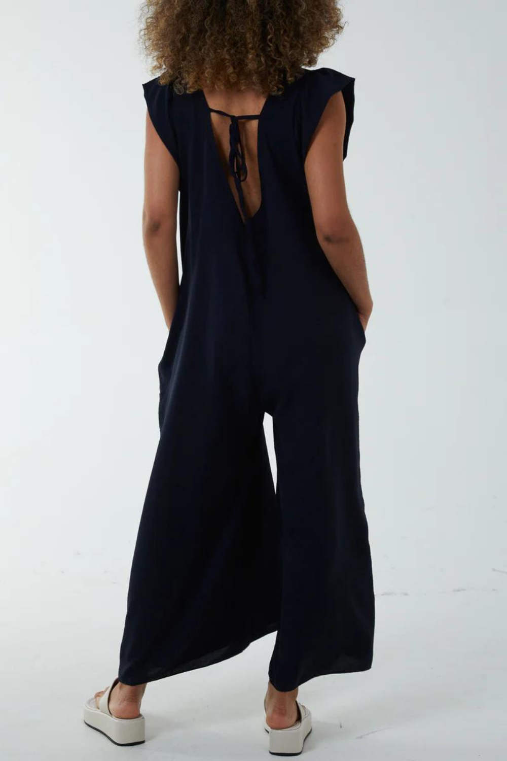 Oversized Back Detailed Ruffle Sleeve V Neck Jumpsuit with Wide Leg in Black