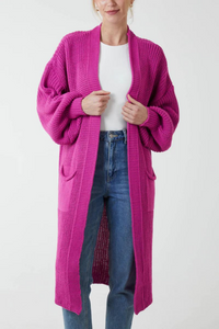 Oversized Long Sleeves Midi Knitted Cardigan with Pocket Details in Magenta