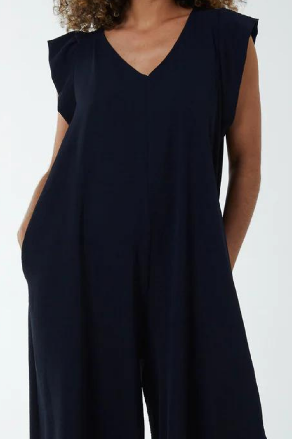 Oversized Back Detailed Ruffle Sleeve V Neck Jumpsuit with Wide Leg in Black