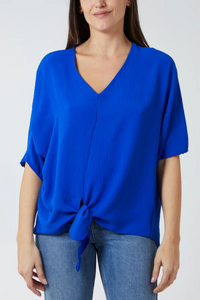 Oversized V Neck Tie Detailed Top with 3/4 Sleeves in Royal Blue