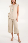 Frill Detailed Top & Wide Leg Trousers Co-Ord Set in Beige