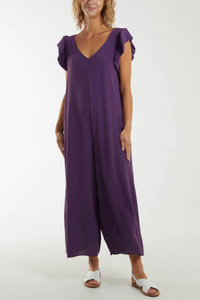 Oversized Back Detailed Ruffle Sleeve V Neck Jumpsuit with Wide Leg in Purple