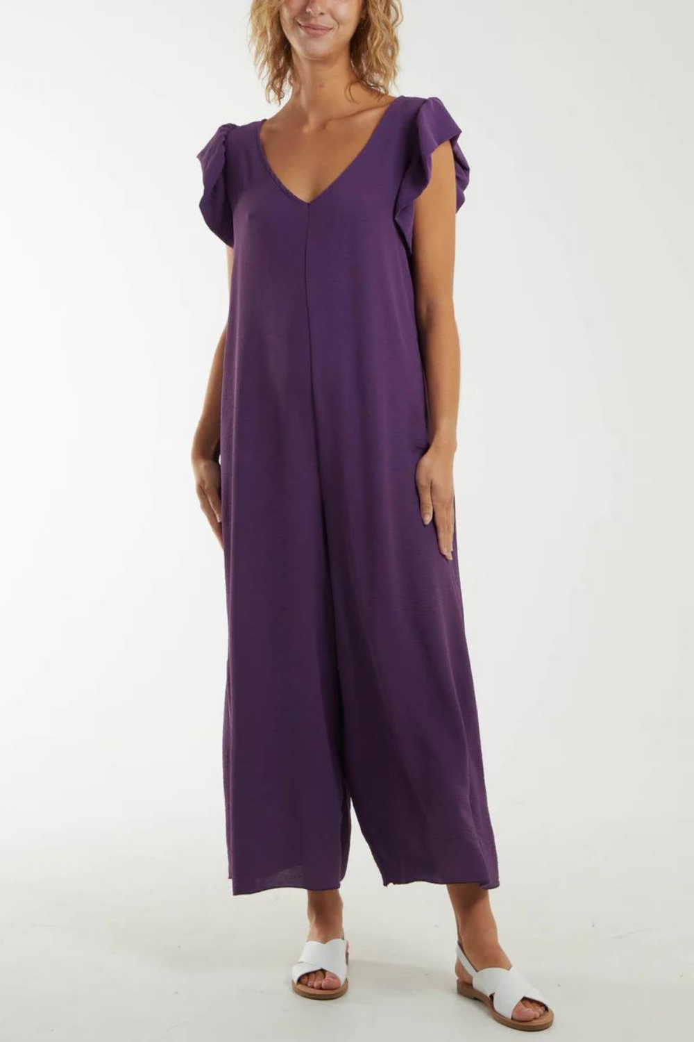 Oversized Back Detailed Ruffle Sleeve V Neck Jumpsuit with Wide Leg in Purple