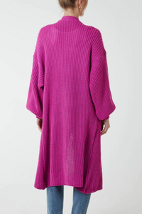 Oversized Long Sleeves Midi Knitted Cardigan with Pocket Details in Magenta