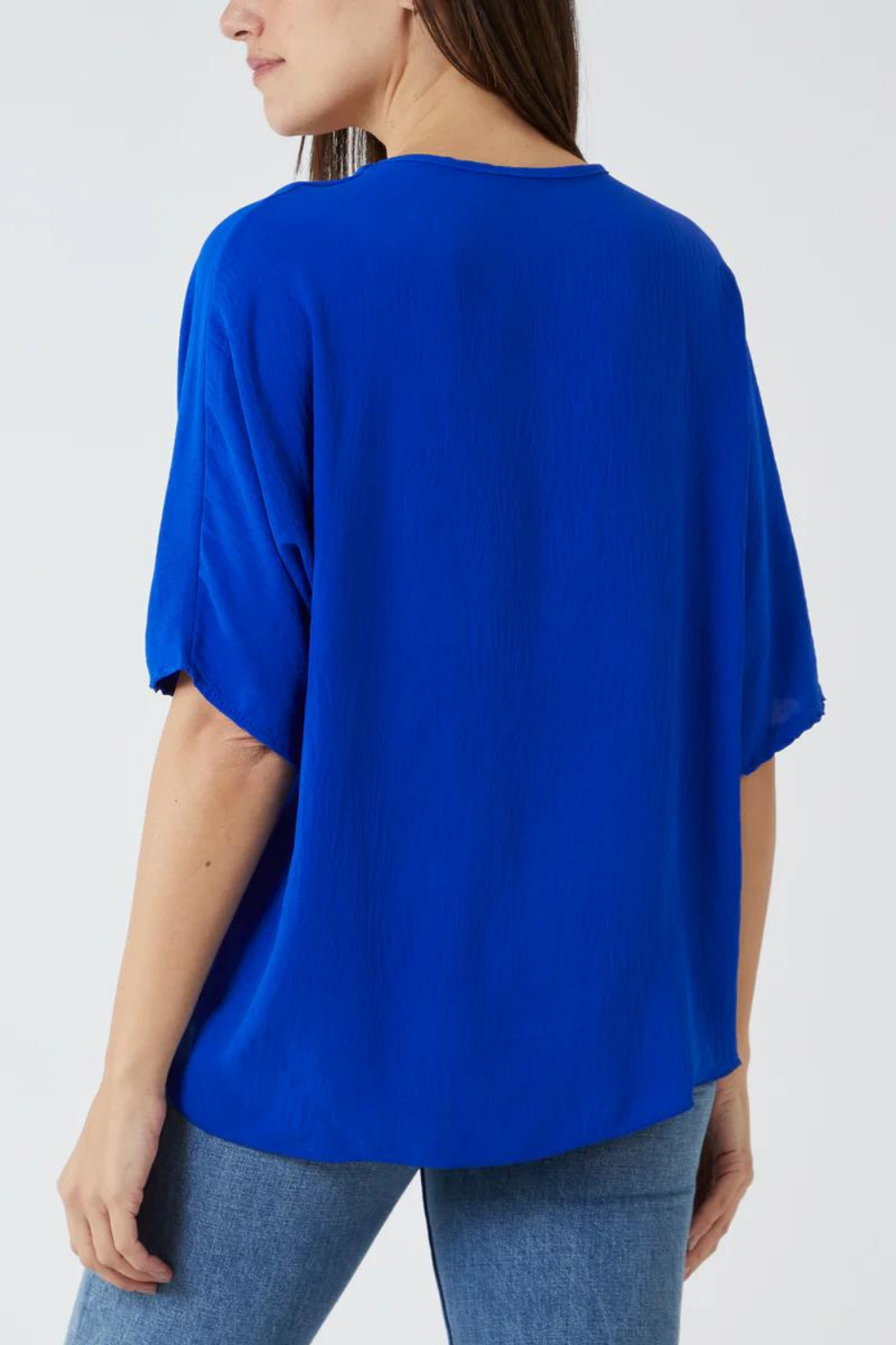 Oversized V Neck Tie Detailed Top with 3/4 Sleeves in Royal Blue