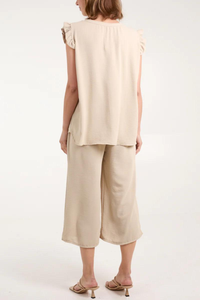 Frill Detailed Top & Wide Leg Trousers Co-Ord Set in Beige