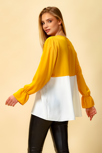 Long Sleeve Relaxed Fit Block Top with Necklace In Yellow and White