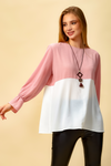 Long Sleeve Relaxed Fit Block Top with Necklace In Pink and White
