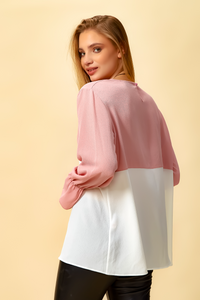 Long Sleeve Relaxed Fit Block Top with Necklace In Pink and White