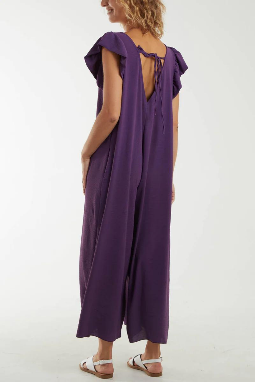 Oversized Back Detailed Ruffle Sleeve V Neck Jumpsuit with Wide Leg in Purple