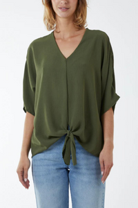 Oversized V Neck Tie Detailed Top with 3/4 Sleeves in Khaki