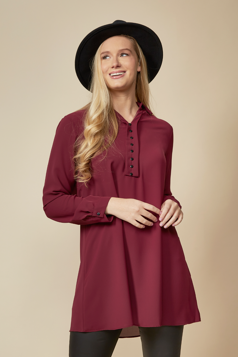 Tunic Shirt with Button Details in Burgundy