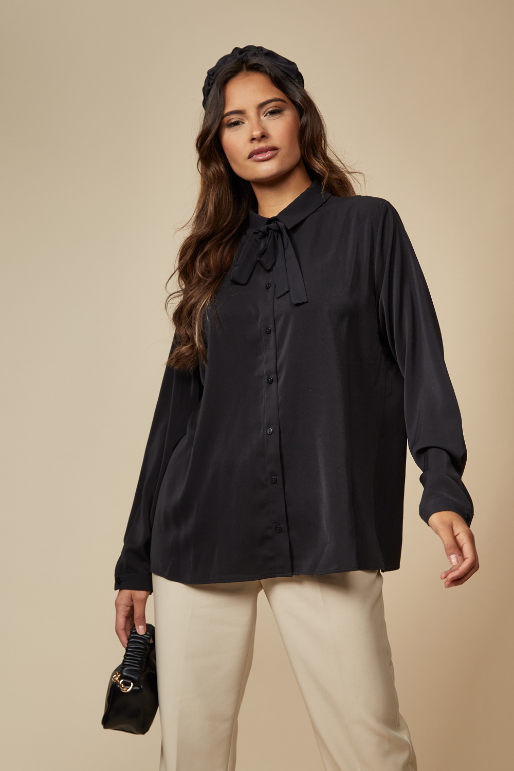 Oversized Belt Detailed Long Sleeves Shirt Top in Black