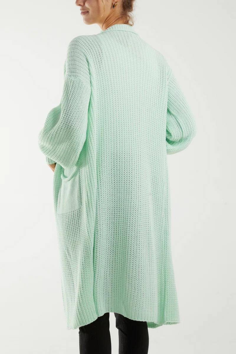Oversized Long Sleeves Midi Knitted Cardigan with Pocket Details in Mint