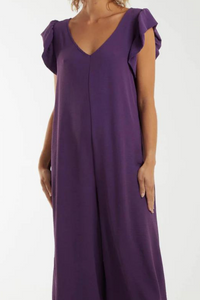 Oversized Back Detailed Ruffle Sleeve V Neck Jumpsuit with Wide Leg in Purple