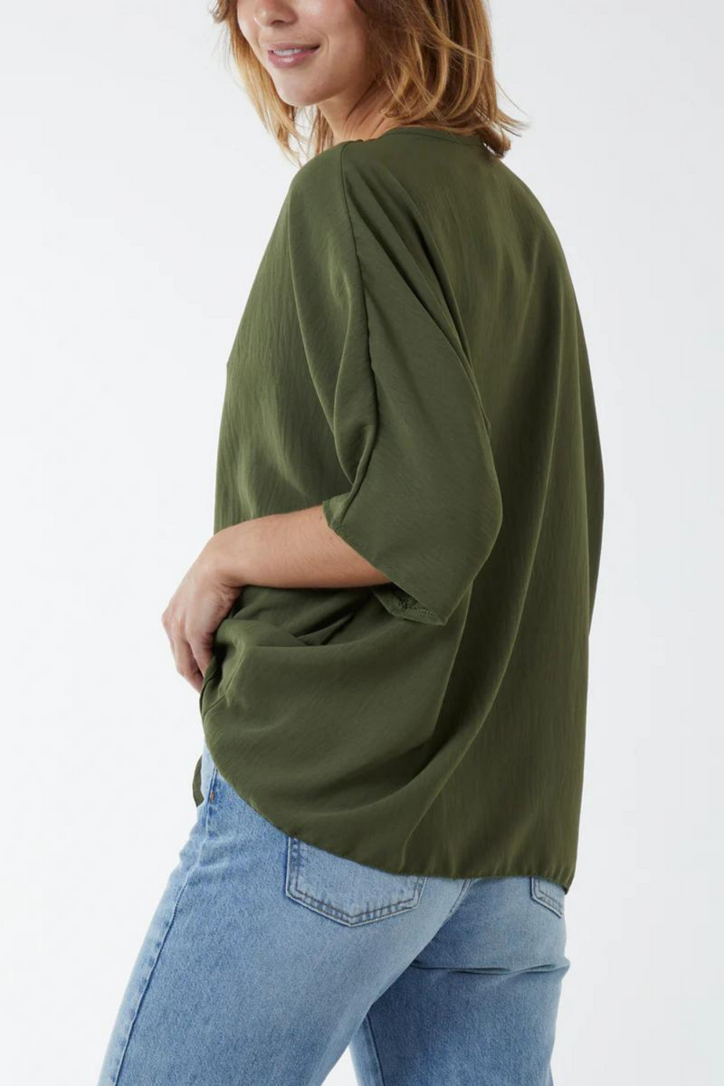 Oversized V Neck Tie Detailed Top with 3/4 Sleeves in Khaki