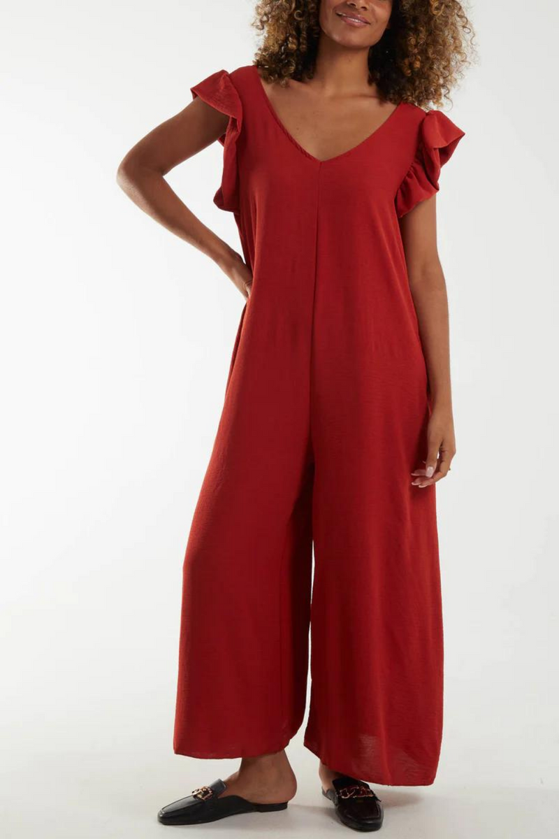 Oversized Back Detailed Ruffle Sleeve V Neck Jumpsuit with Wide Leg in Rust