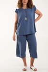 Frill Detailed Top & Wide Leg Trousers Co-Ord Set in Denim