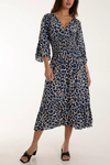 Relaxed Fit V Neck Detailed Leopard Print Maxi Dress in Navy