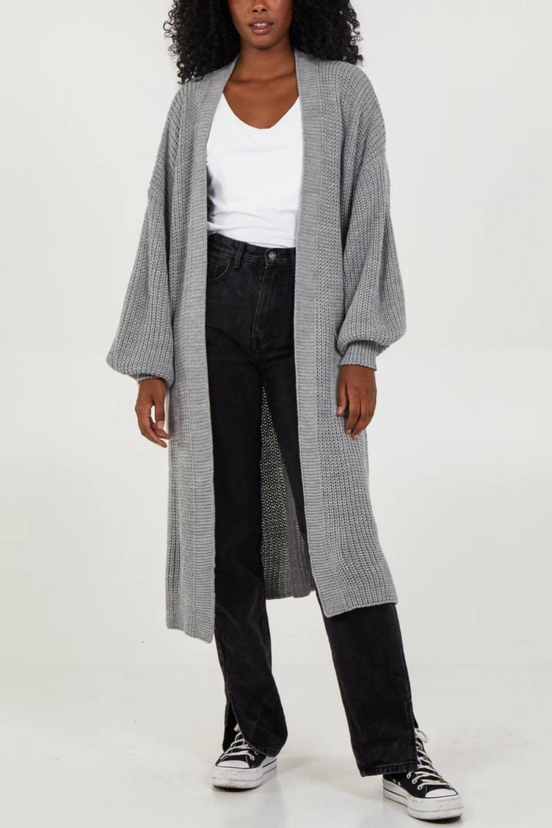 Oversized Long Sleeves Midi Knitted Cardigan with Pocket Details in Grey