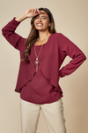 Long Sleeves Relaxed Fit Layered Top with Necklace in Burgundy