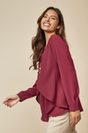 Long Sleeves Relaxed Fit Layered Top with Necklace in Burgundy