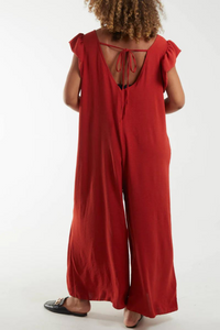 Oversized Back Detailed Ruffle Sleeve V Neck Jumpsuit with Wide Leg in Rust