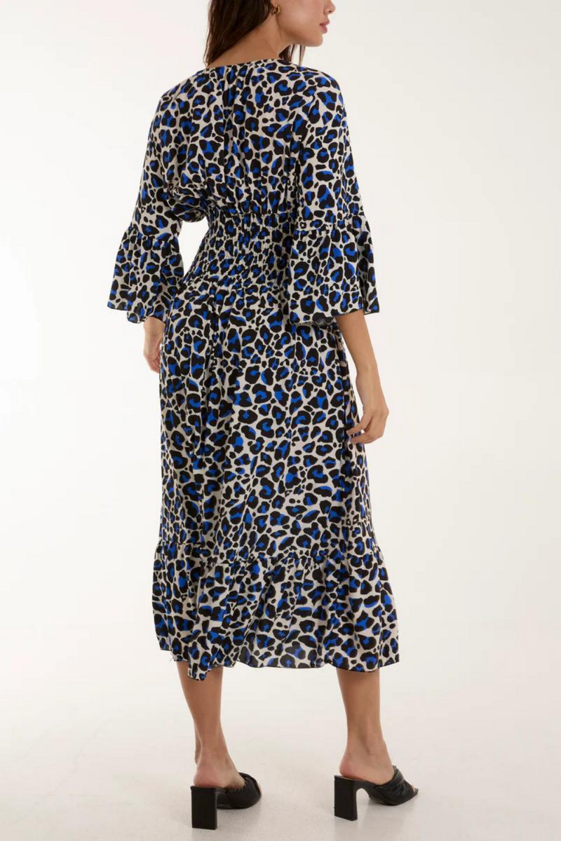 Relaxed Fit V Neck Detailed Leopard Print Maxi Dress in Navy