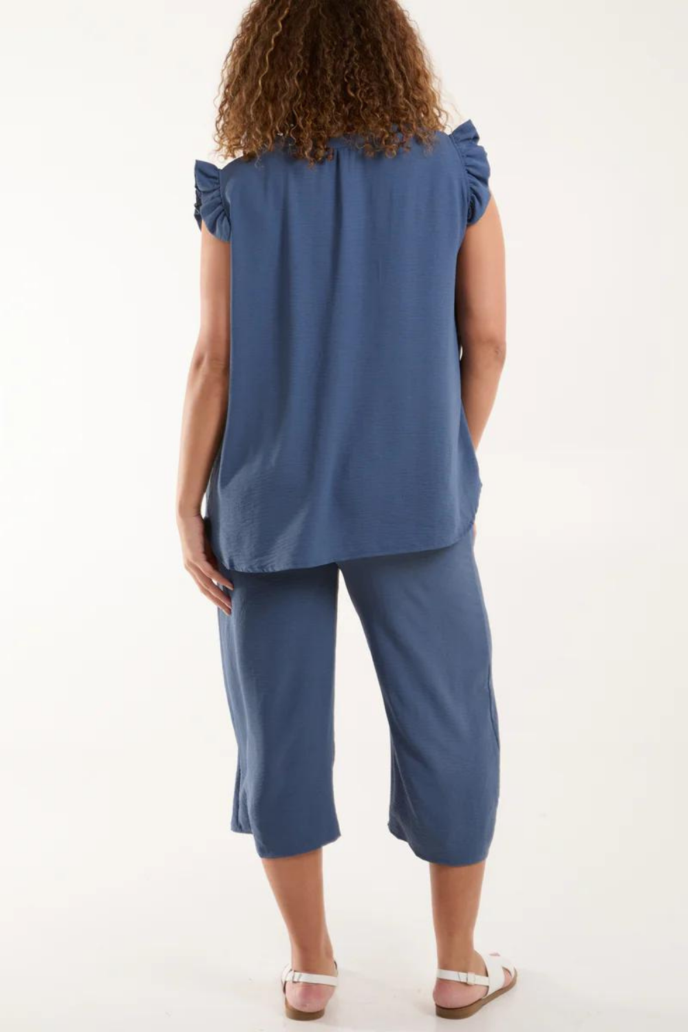 Frill Detailed Top & Wide Leg Trousers Co-Ord Set in Denim