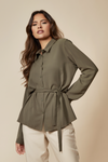 Oversized Belt Detailed Long Sleeves Shirt Top in Khaki