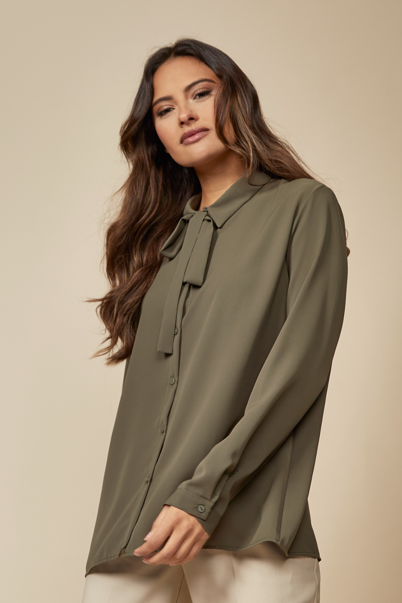 Oversized Belt Detailed Long Sleeves Shirt Top in Khaki