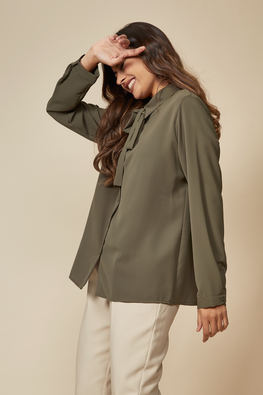 Oversized Belt Detailed Long Sleeves Shirt Top in Khaki