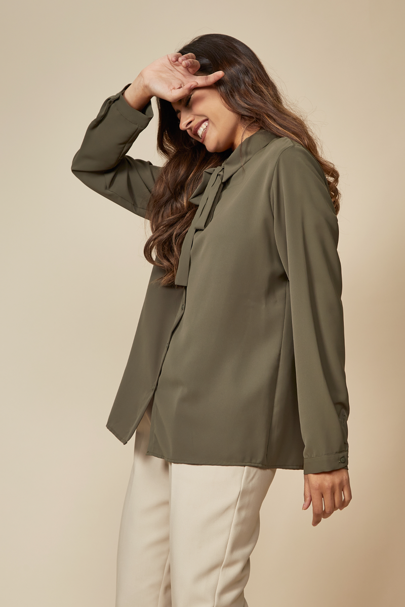 Oversized Belt Detailed Long Sleeves Shirt Top in Khaki