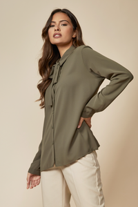 Oversized Belt Detailed Long Sleeves Shirt Top in Khaki