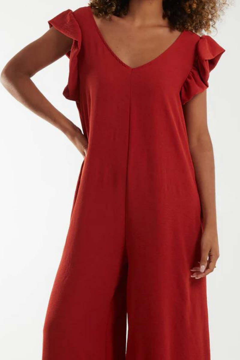 Oversized Back Detailed Ruffle Sleeve V Neck Jumpsuit with Wide Leg in Rust