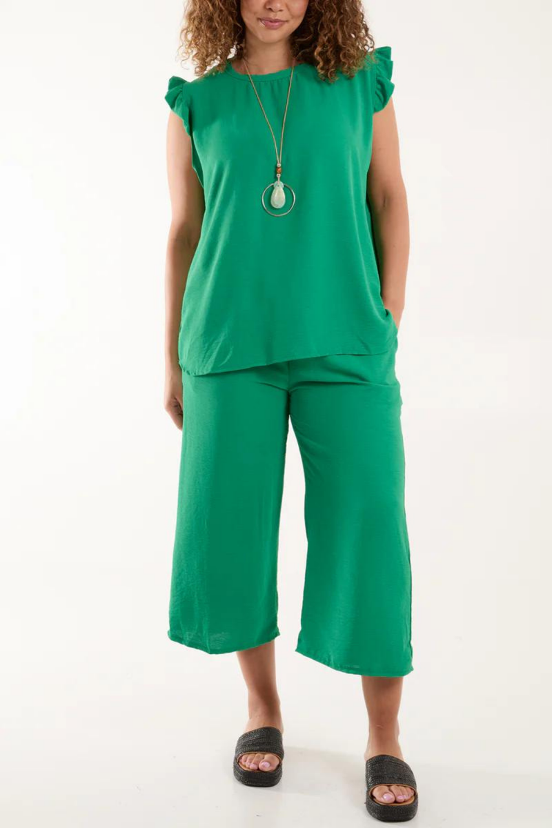 Frill Detailed Top & Wide Leg Trousers Co-Ord Set in Jade