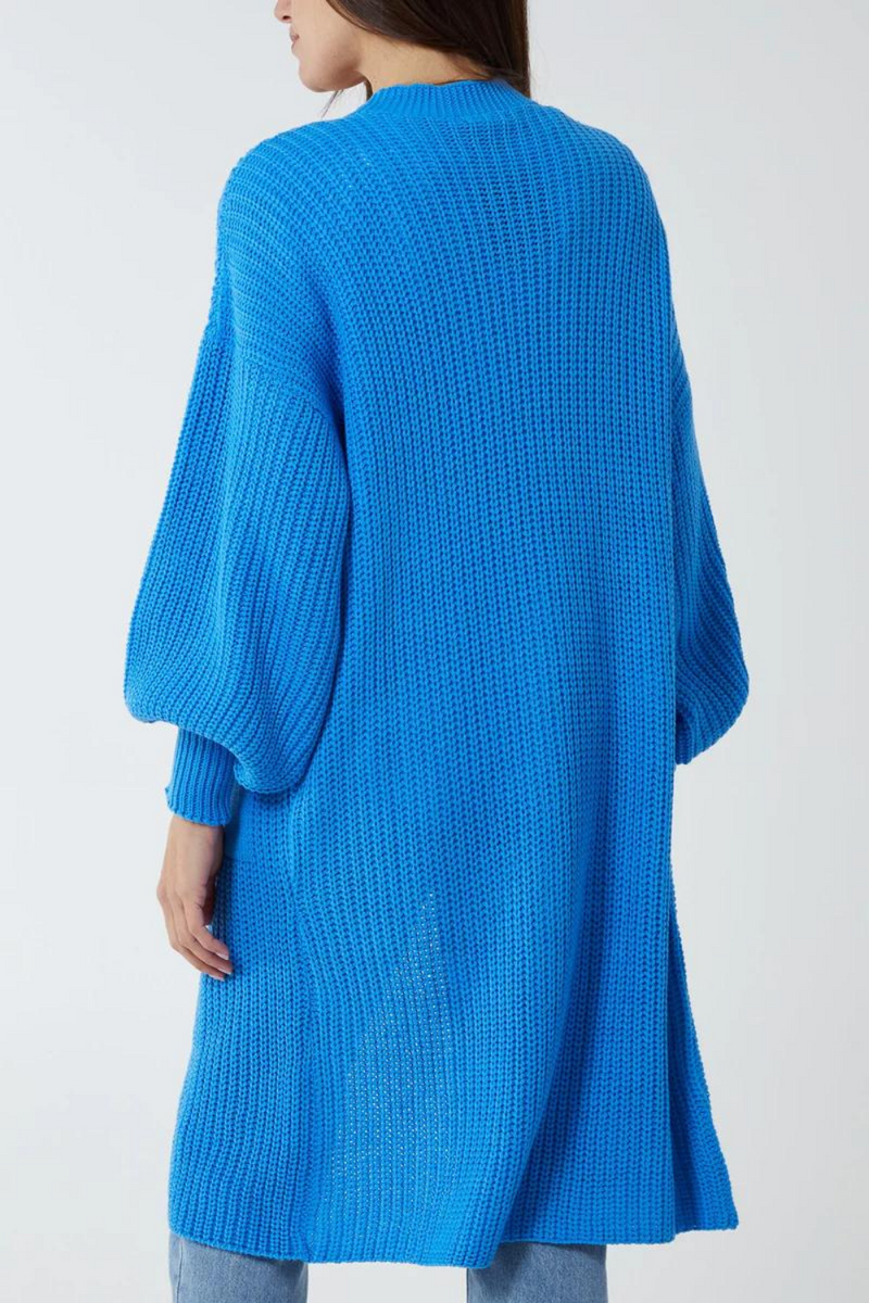 Oversized Long Sleeves Midi Knitted Cardigan with Pocket Details in Blue