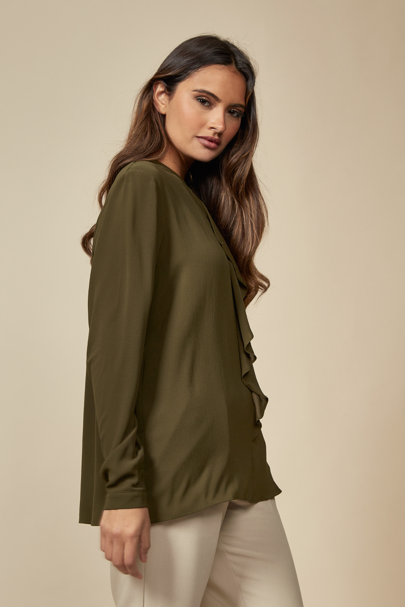 Oversized Long Sleeves Frill Front Blouse with Detailed Neckline in Khaki