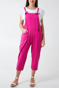 Oversized Bow Detailed Plain Dungarees in Hot Pink
